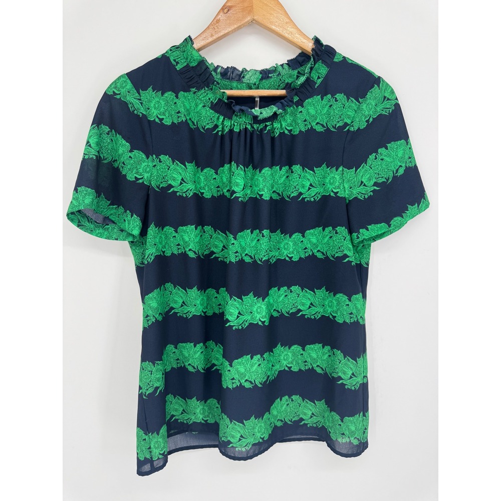 J. Crew Blouse Womens 10 Green Floral Stripe Ruffle Neck Preppy Office Career